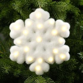 Светодиодная фигура «Снежинка» 20 см, флок, батарейки CR2032х2, свечение тёплое белое