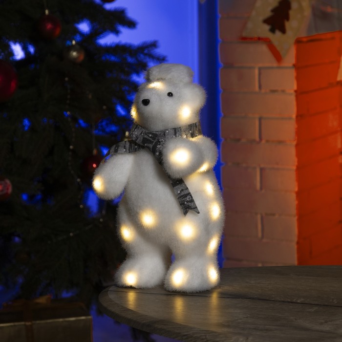 Светодиодная фигура «Медведь в шапке» 18 × 30 × 17 см, флок, батарейки ААх2 (не в комплекте), свечение тёплое белое - фото 1907134937
