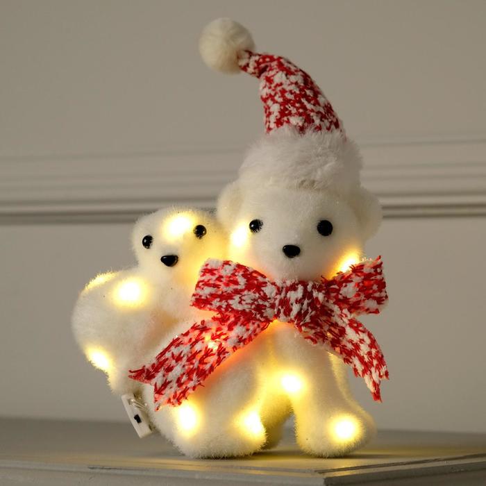 Светодиодная фигура «Медведица с медвежонком» 20 × 17 × 9 см, флок, батарейки CR2032х2 (не в комплекте), свечение тёплое белое - фото 1907134952