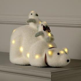 Светодиодная фигура «Пингвины на медведе» 28 × 21 × 15 см, флок, батарейки CR2032х2, свечение тёплое белое
