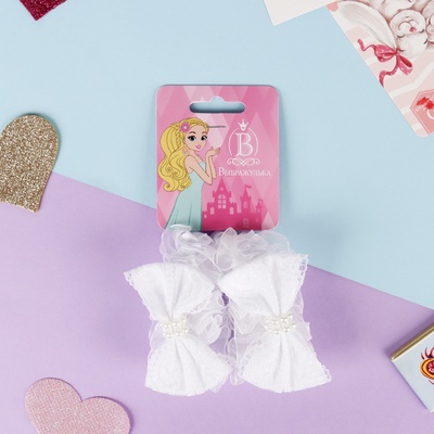 Резинки для волос «Рюши», набор 2 шт., банты с бусинками и кружево, белые