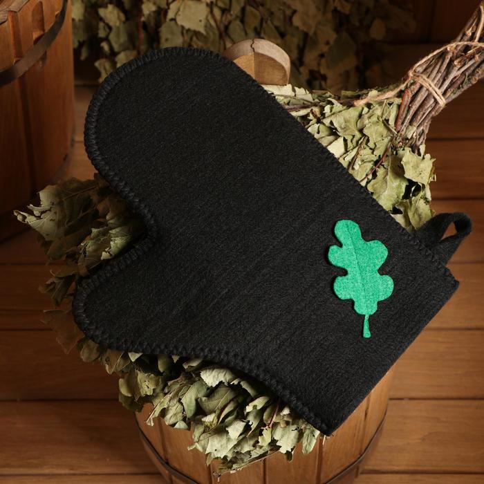 Рукавица для бани с аппликацией «Дубовый лист», полиэфир, чёрный, - Фото 1