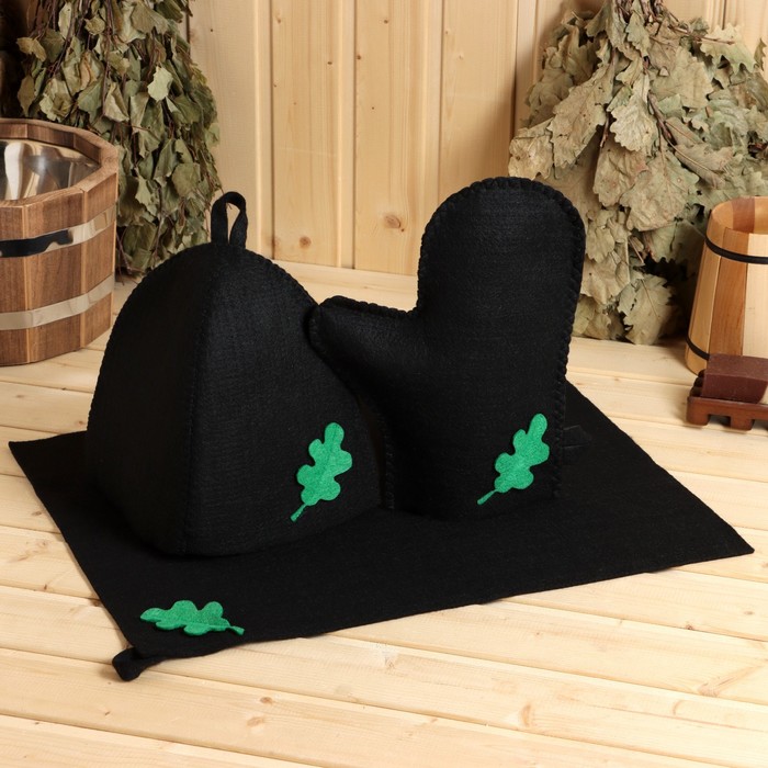 Набор для бани с аппликацией «Дубовый лист», 3 предмета: шапка, коврик, рукавица, войлок, тёмный - Фото 1