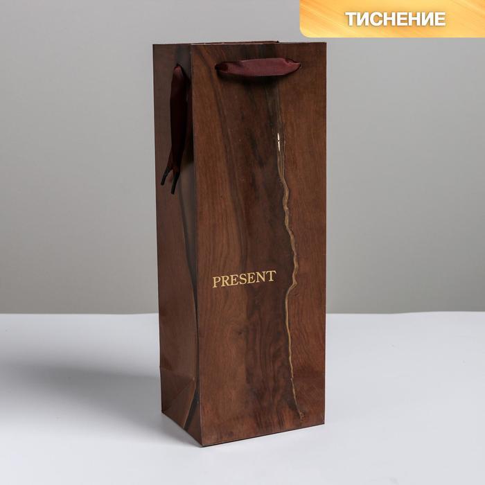 Пакет подарочный ламинированный под бутылку, упаковка, «Wood present», 13 x 36 x 10 см - Фото 1
