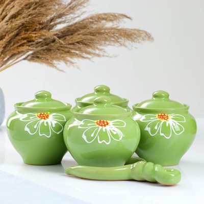 Горшочки для запекания Псковский гончар «Ромашка зелёная», набор 4 шт., 850 мл, с ухватом, керамика