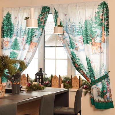 Комплект штор для кухни с подхватами «Новогодний лес» 145×180 см - 2 штуки, габардин