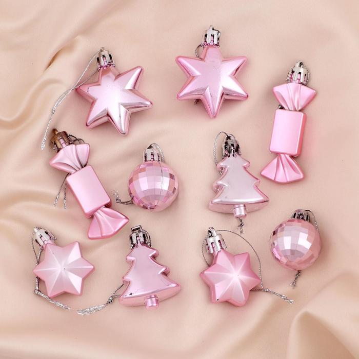 Набор украшений пластик 10 шт "Сюрприз" (4 звезды, 2 конфеты, 2 ёлки, 2 шара-4 см) розовый - Фото 1