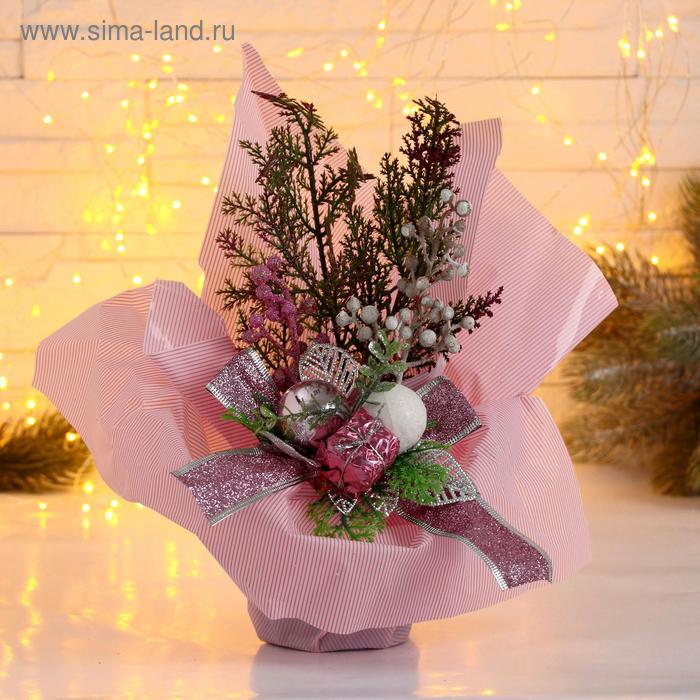 Декор "Новогодние причуды" подарок и веточки, 25 см розовый - Фото 1