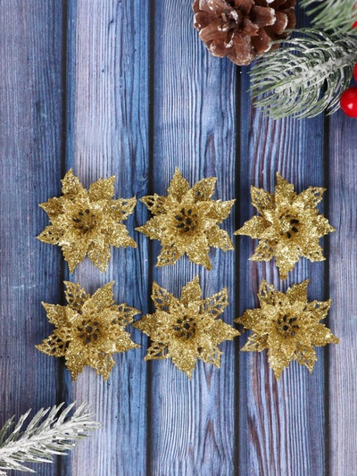 Ёлочные игрушки 6 шт. «Зимнее волшебство. Волшебные цветы» пластик, 4 см, золото