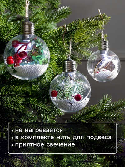 Набор ёлочных шаров «Зимний лес», 3 шт., d=8 см, 1 LED, от батареек, свечение белое