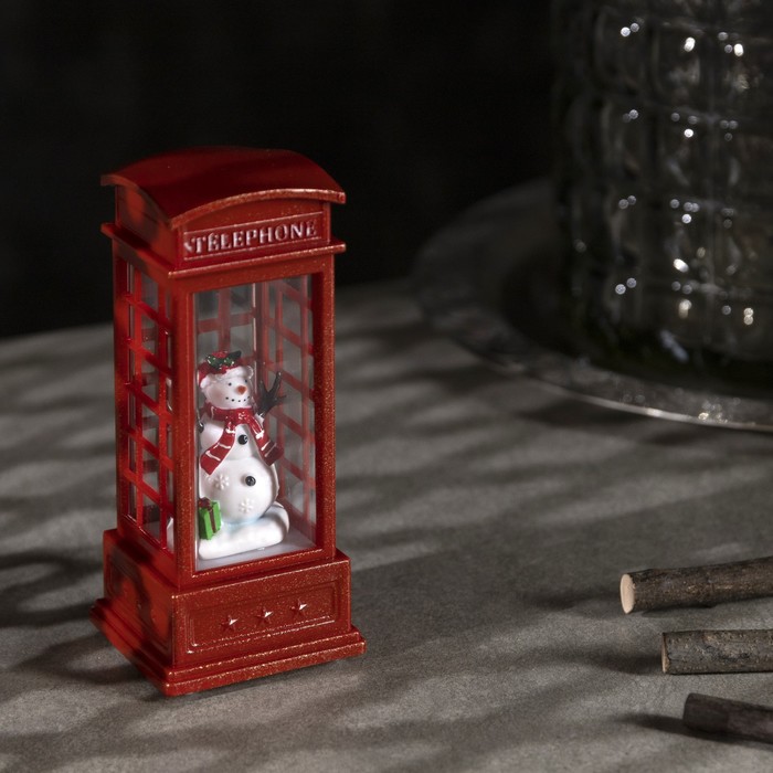 Светодиодная фигура «Снеговик в телефонной будке» 5.3 × 12 × 5.3 см, пластик, батарейки AG13х3, свечение тёплое белое - фото 1885062075
