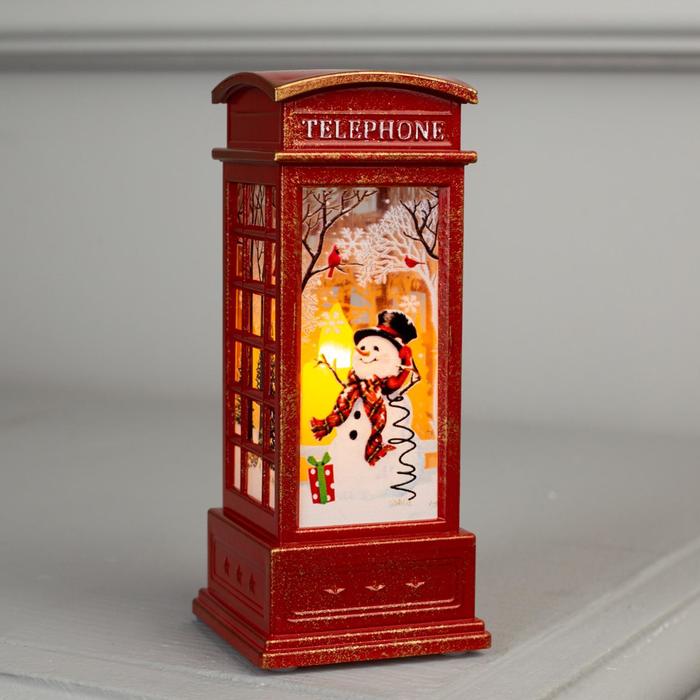 Светодиодная фигура «Телефонная будка со снеговиком» 5.3 × 12 × 5.3 см, пластик, батарейки AG13х3, свечение тёплое белое
