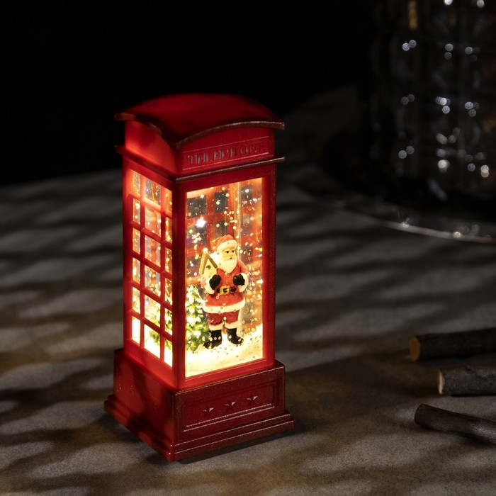 Светодиодная фигура «Дед Мороз в телефонной будке» 5 × 12 × 5 см, пластик, блёстки, батарейки AG13х3, свечение тёплое белое - Фото 1