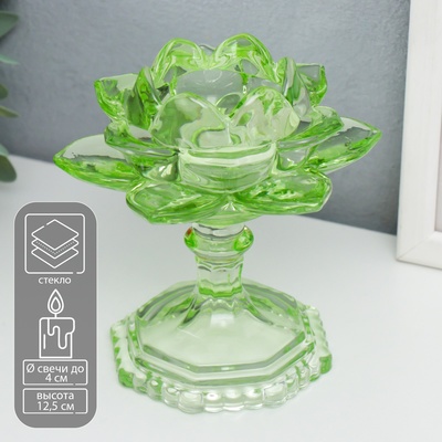 Стеклянный подсвечник на 1 свечу «Лотос на ножке», зелёный, 12.5×12×12 см
