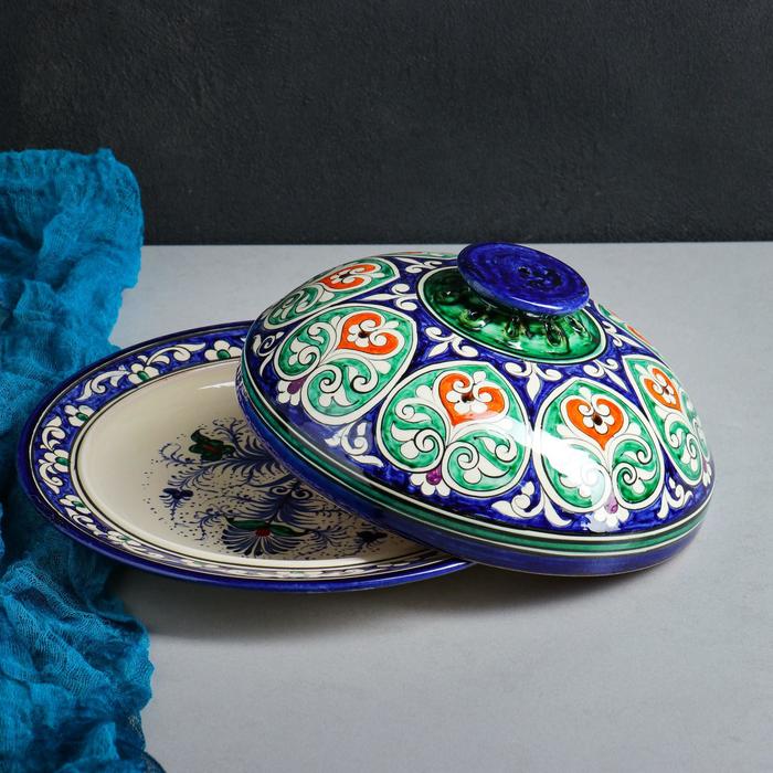 Блинница Риштанская Керамика "Цветы", 26 см, синий - фото 1889486311