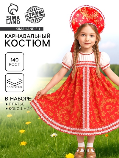 Русский народный костюм с кокошником, красно-бежевые узоры + бомбоны на шнурке, р. 36, рост 140 см