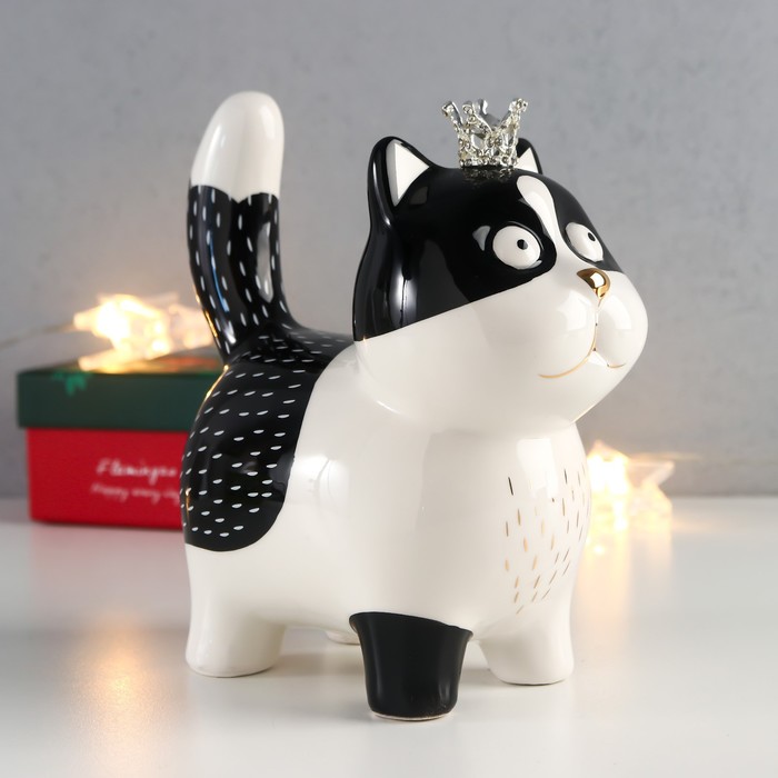 Сувенир керамика "Котик в короне" бело-чёрный с золотом 16,3х7,5х15 см - Фото 1