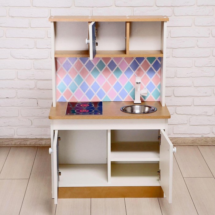Игровая мебель «Детская кухня», цвет корпуса бело-бежевый, цвет фасада бело-голубой, фартук ромб - фото 1886523208