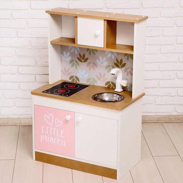 Игровая мебель «Детская кухня», цвет корпуса бело-бежевый, цвет фасада бело-розовый, фартук цветы - Фото 1