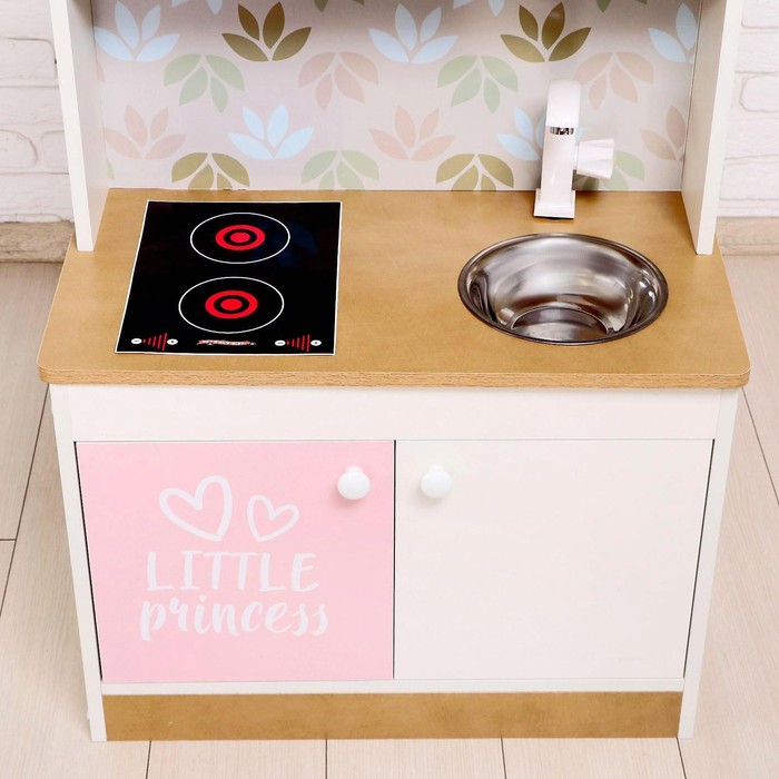 Игровая мебель «Детская кухня», цвет корпуса бело-бежевый, цвет фасада бело-розовый, фартук цветы - фото 1886523214