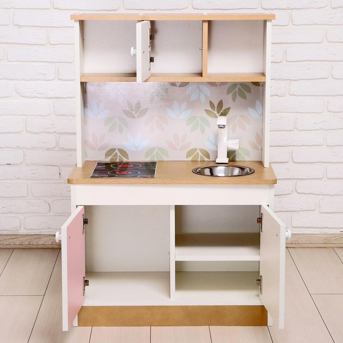 Игровая мебель «Детская кухня», цвет корпуса бело-бежевый, цвет фасада бело-розовый, фартук цветы - фото 1886523216
