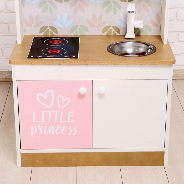 Игровая мебель «Детская кухня», цвет корпуса бело-бежевый, цвет фасада бело-розовый, фартук цветы - фото 1907137214