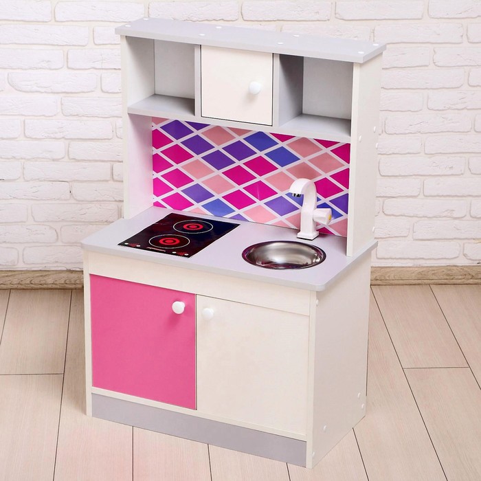 Игровая мебель «Детская кухня», цвет корпуса бело-серый, цвет фасада бело-малиновый, фартук ромб - Фото 1