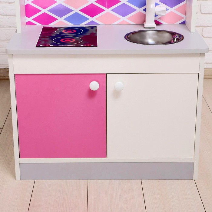 Игровая мебель «Детская кухня», цвет корпуса бело-серый, цвет фасада бело-малиновый, фартук ромб - фото 1907137222