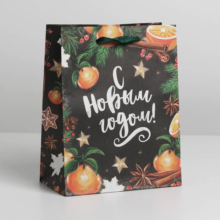 Пакет крафтовый вертикальный «Новогодние мандарины», MS 18 × 23 × 10 см - Фото 1