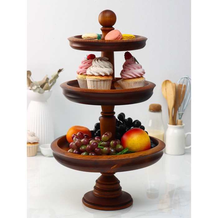 Трёхъярусная ваза для фруктов и сладостей из натурального кедра Mаgistrо, 47 см, цвет шоколадный - фото 1907137891