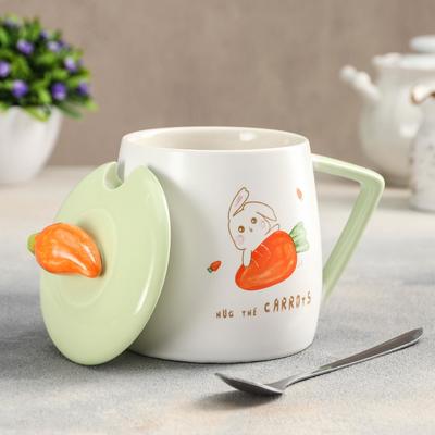 Кружка «Морковка», 450 мл, с керамической крышкой и ложкой, рисунок МИКС