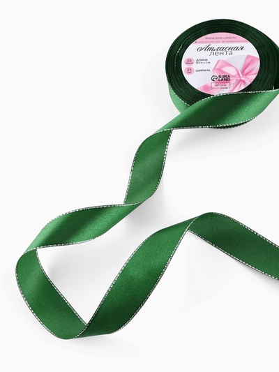 Лента атласная, с серебряным люрексом, 25 мм, 23±1 м, зелёная №049