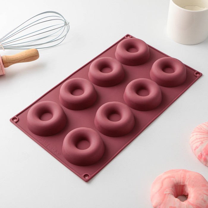 Форма для выпечки Доляна «Сладости. Пончики», 29×17 см, 8 ячеек (d=6 см), цвет МИКС - Фото 1