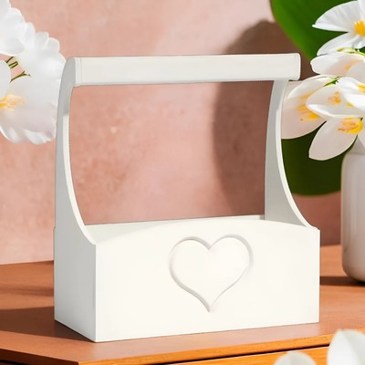 Кашпо для цветов Symmetric Heart, 25×12.5×28 см, деревянное, с ручкой, белое