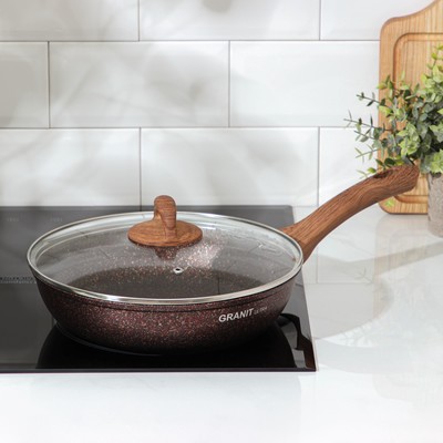 Сковорода KUKMARA Granit ultra red, d=26 см, пластиковая ручка, стеклянная крышка, антипригарное покрытие, алюминий, коричневая