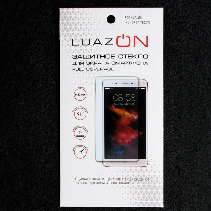 Защитное стекло 9D LuazON для Honor 8A/Y6 (2019), полный клей, 0.33 мм, 9Н, черное - фото 51319487