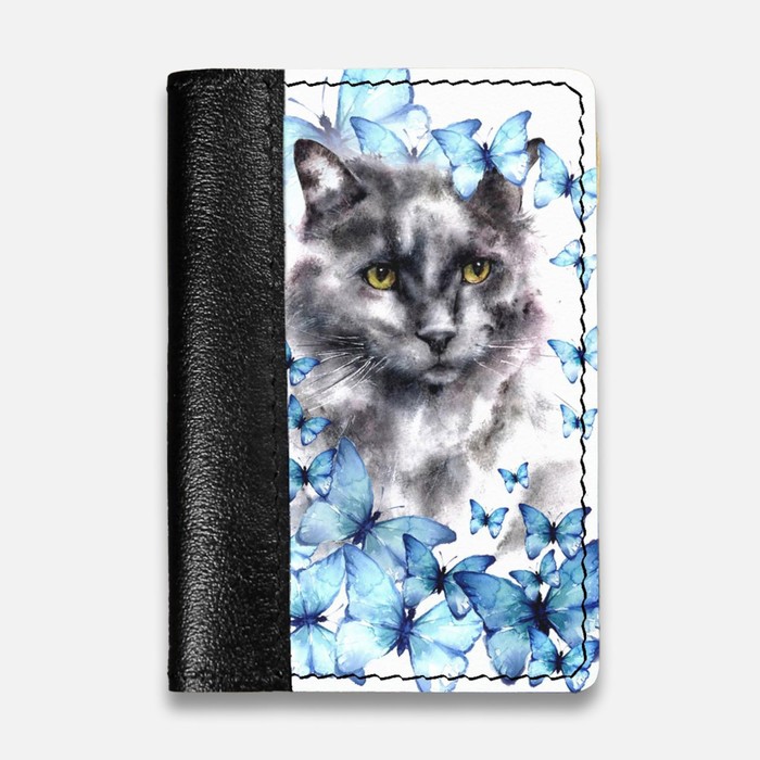 Обложка на паспорт комбинированная "Бабочки и кот", черная - Фото 1