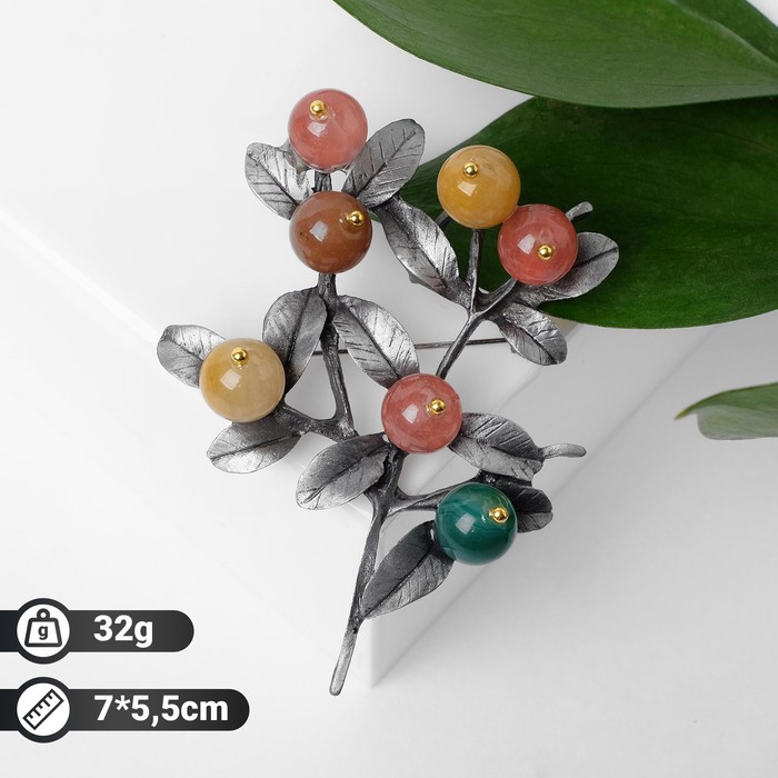 Брошь «Веточка» самоцветная, разноцветная в сером металле - Фото 1