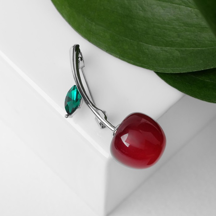 Брошь «Вишенка», цвет бордово-зелёный в серебре - Фото 1