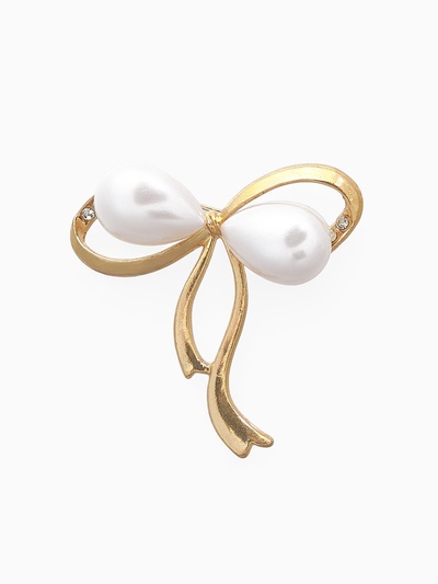 Брошь «Бантик», с жемчужинками, белая в золоте
