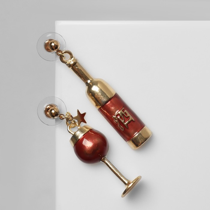 Серьги с эмалью «Вино» с бокалом, цвет бордовый в золоте - Фото 1