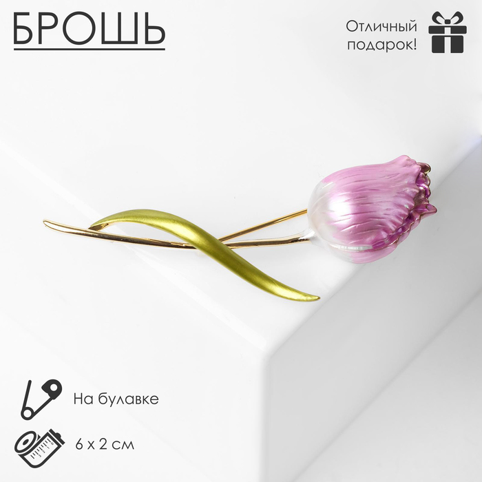 Брошь "Цветок" тюльпан пионовидный, цвет бело-розовый  в золоте - Фото 1