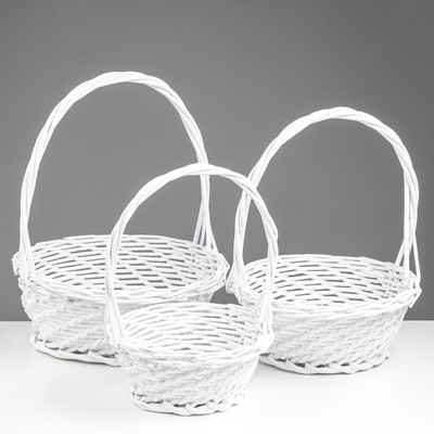 Корзина плетёная для хранения, лоза, с ручкой, круглая, белая, набор 3 шт.