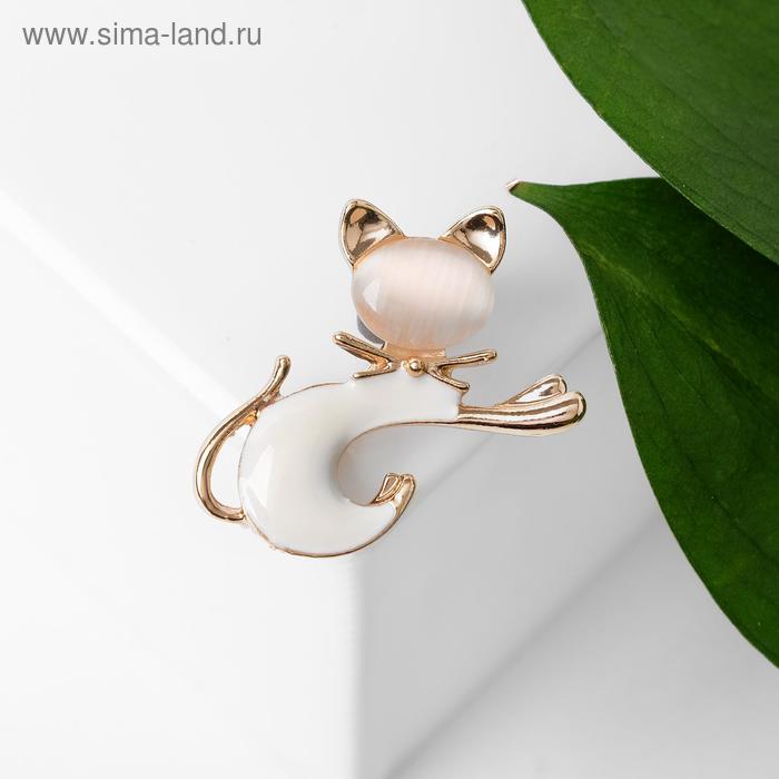 Брошь «Кошечка», бело-бежевая в золоте - Фото 1