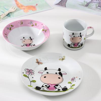 Набор детской посуды Доляна «Влюблённая коровка», 3 предмета: кружка 230 мл, миска 400 мл, тарелка 18 см