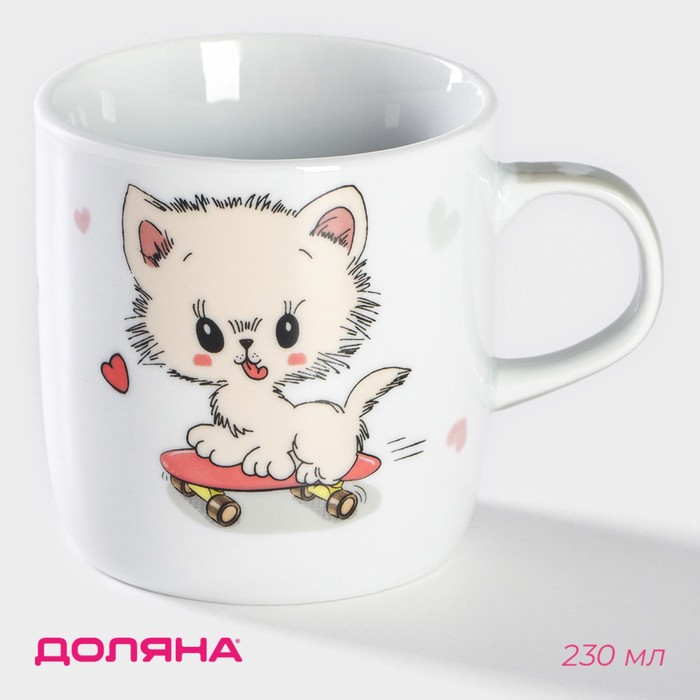 Кружка керамическая Доляна «Котёнок на скейте», 230 мл, цвет белый - фото 1910072657
