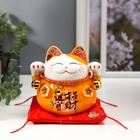 Сувенир керамика копилка "Оранжевый кот Манэки-нэко с колокольчиками" 11,5х11,5х9,5 см - фото 4598009