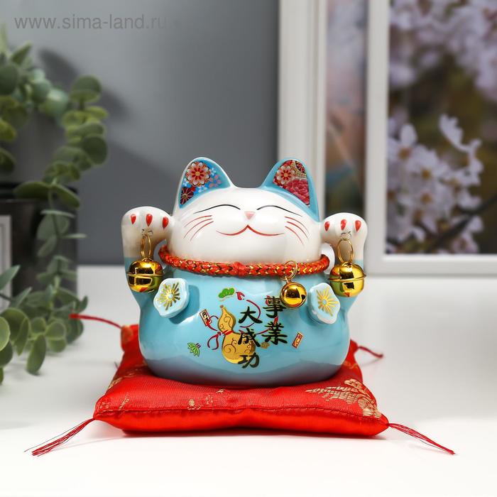 Сувенир керамика копилка "Голубой кот Манэки-нэко с колокольчиками" 11,5х11,5х9,5 см - Фото 1