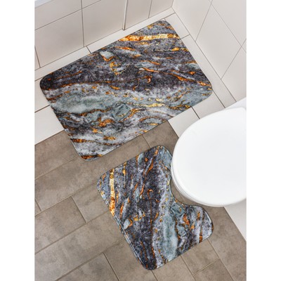 Коврики для ванной и туалета Доляна «Мрамор», 2 шт: 79×50 см, 50×39 см, цвет серый