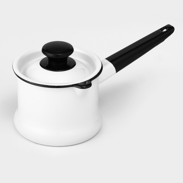 Ковш эмалированный, 1 л, с крышкой, без деколи, металлическая ручка, белый - Фото 1